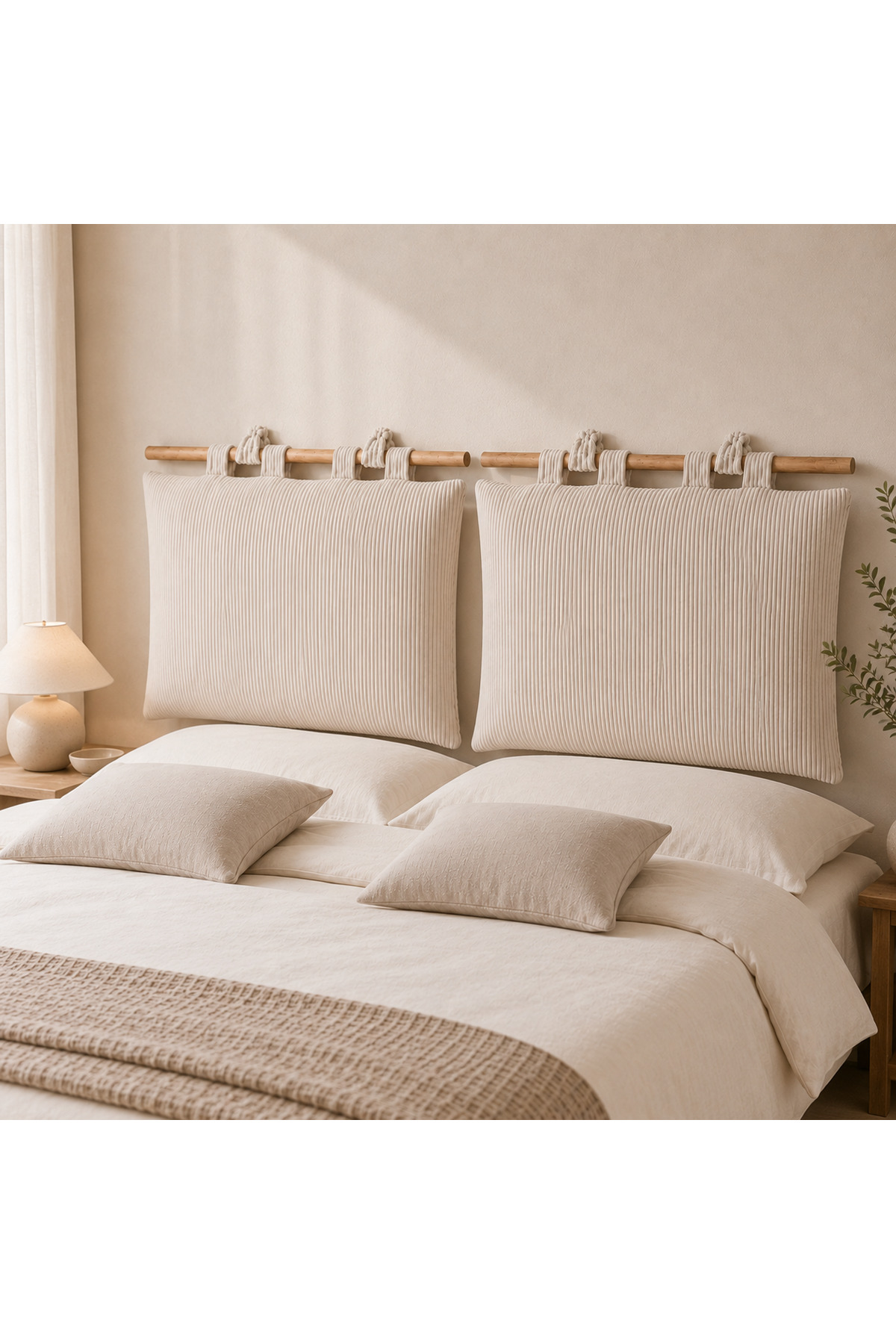 2’li Baza Başlık Minderi – Krem Fitilli Kadife, 75×55 cm
