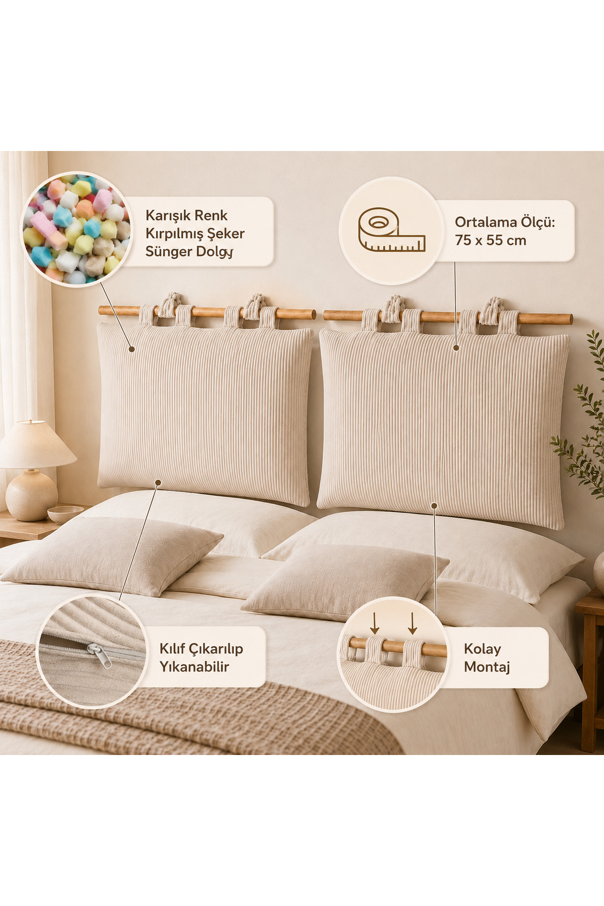 2’li Baza Başlık Minderi – Krem Fitilli Kadife, 75×55 cm - Görsel 2