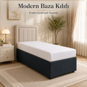Modern Baza Kılıfı Tek Kişilik 90x190 cm Pratik Giydirmeli Tasarım Antrasit Baza Kenar Kılıfı