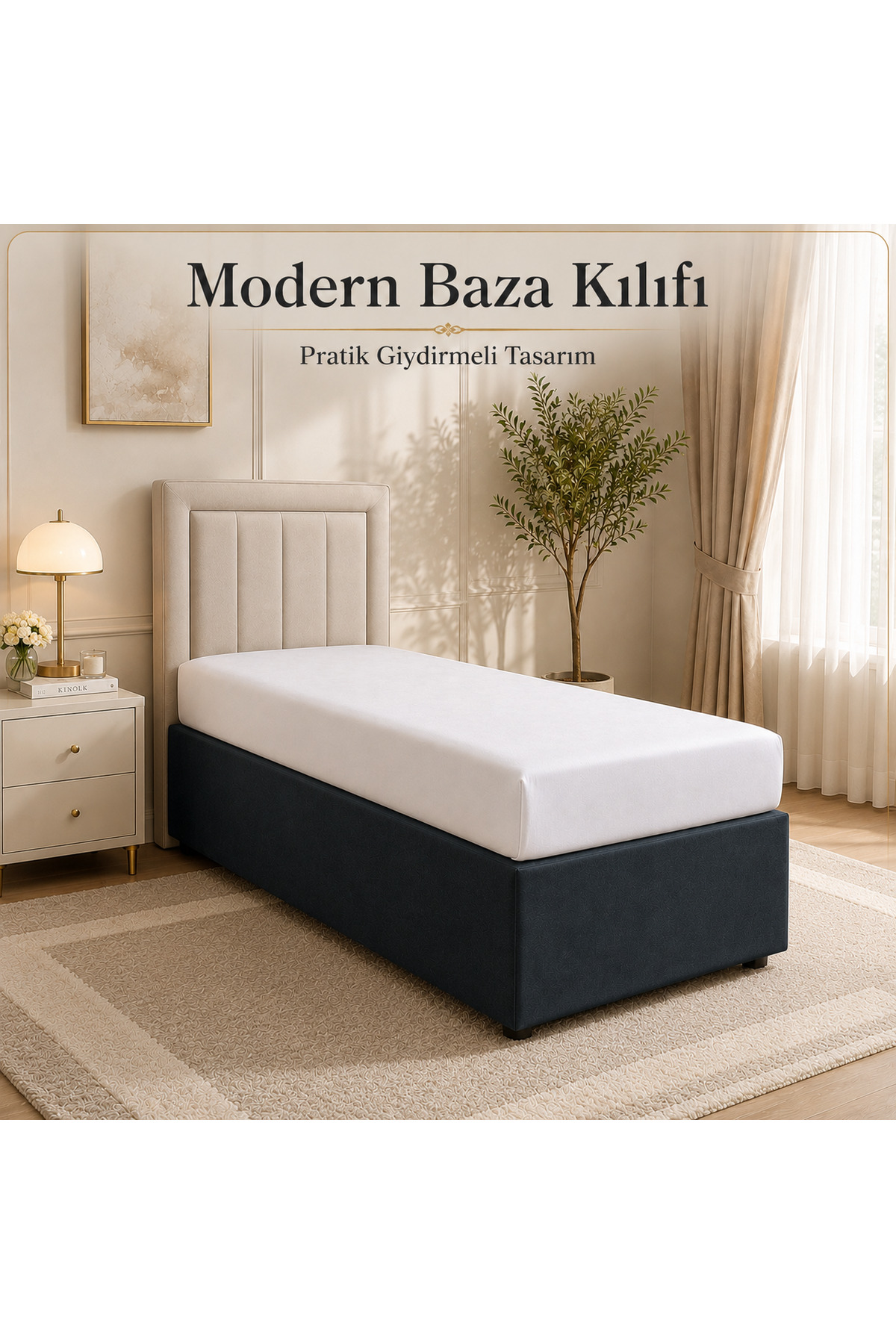 Modern Baza Kılıfı Tek Kişilik 90x190 cm Pratik Giydirmeli Tasarım Antrasit Baza Kenar Kılıfı