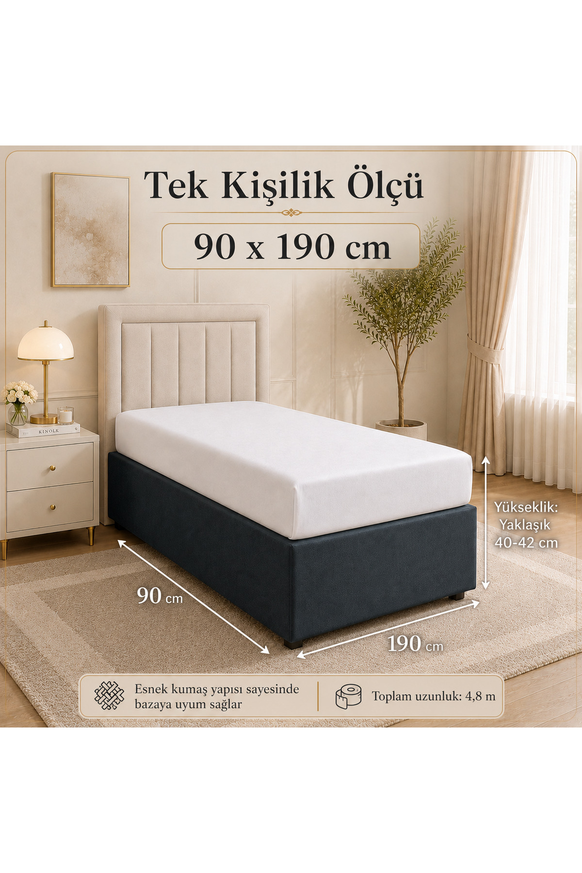Modern Baza Kılıfı Tek Kişilik 90x190 cm Pratik Giydirmeli Tasarım Antrasit Baza Kenar Kılıfı - Görsel 2